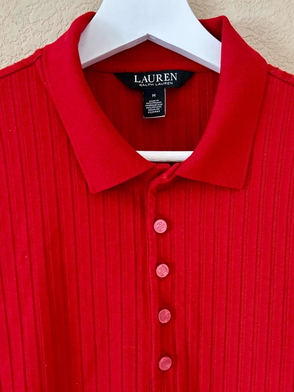 Lauren Ralph Lauren Red Ribbed Polo 3/4 Sleeve Size M Preppy Old Money - Picture 3 of 9